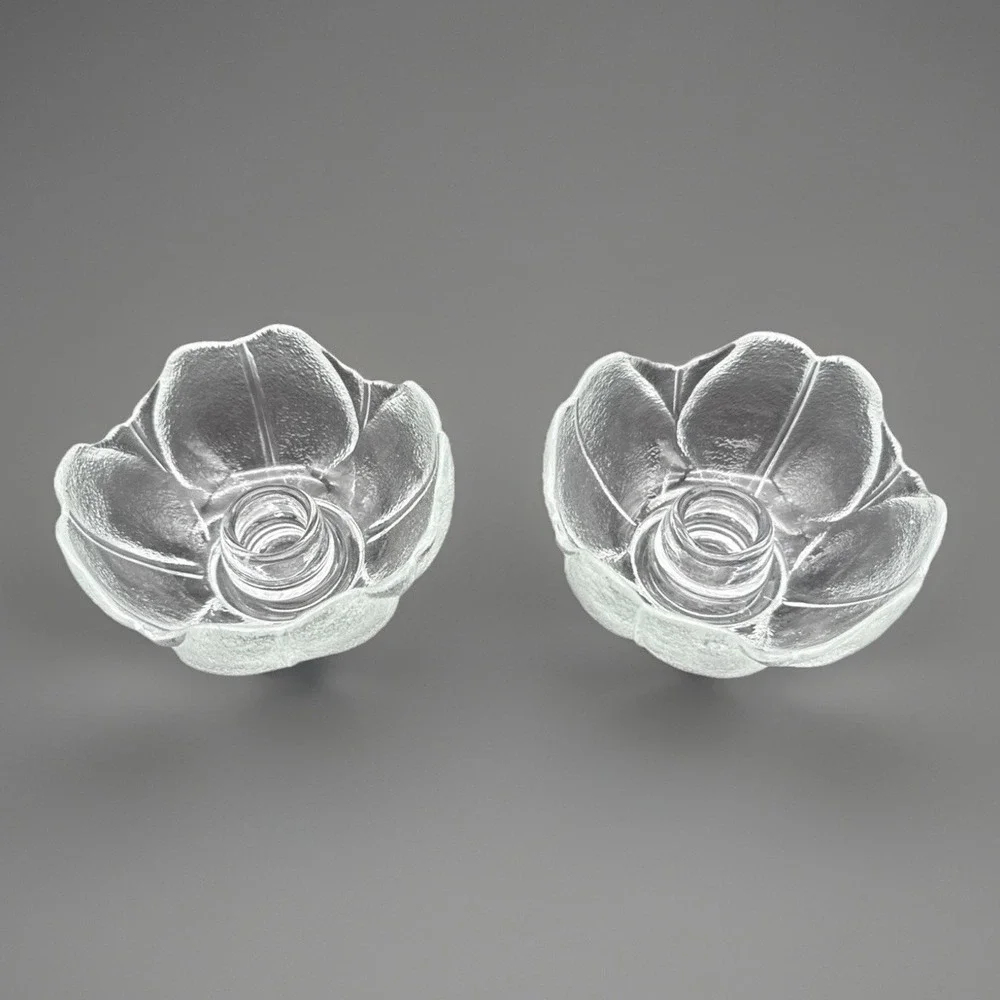 Vintage Clear Frosted Glass Flower Tulip Taper Candle Holders Anchor Hocking 2pc